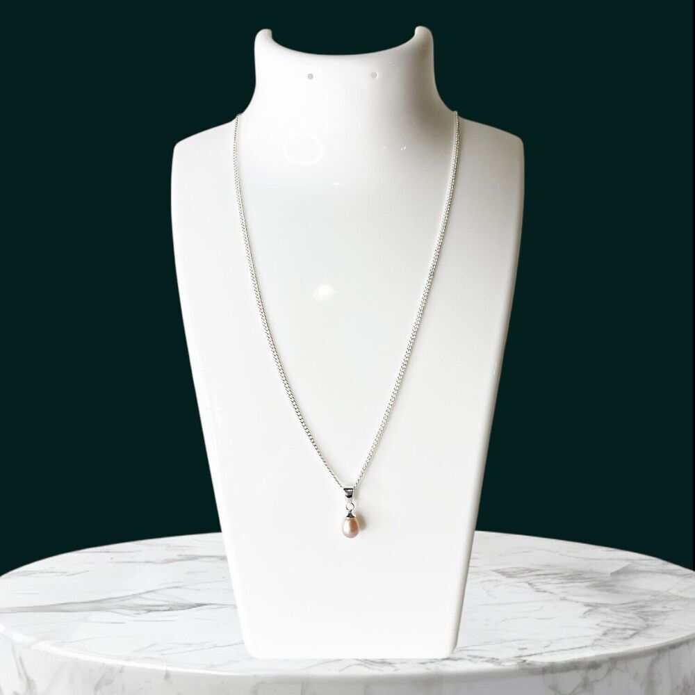 Vintage Avon Jewelry Necklace Pink Iridescent Pearl Pendant Silver Tone Chain